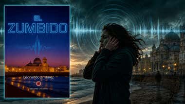 Mujer que se tapa los oídos y onda de sonido junto a la Catedral de Cádiz, destaca la portada del libro "El Zumbido".