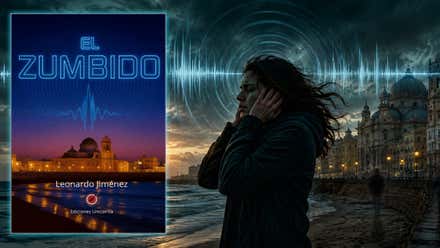 Mujer que se tapa los oídos y onda de sonido junto a la Catedral de Cádiz, destaca la portada del libro "El Zumbido".