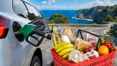 Coche con la manguera de repostaje junto a una cesta de la compra y un paisaje de costa de fondo.