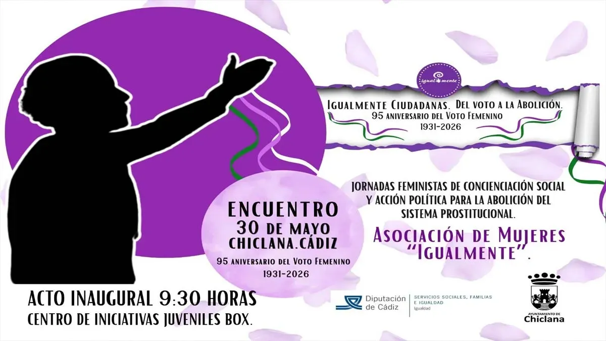 Cartel del encuentro feminista en Chiclana en tonos morados, blancos y negros.