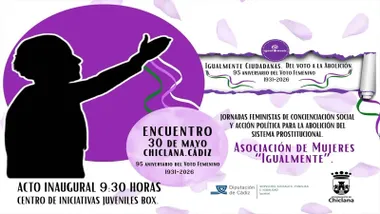 Cartel del encuentro feminista en Chiclana en tonos morados, blancos y negros.
