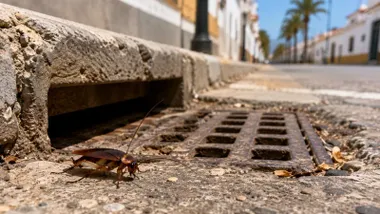 Una cucaracha saliendo de una alcantarilla.