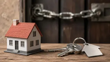 Casa con llaves y al fondo una puerta con una cadena metálica gruesa.