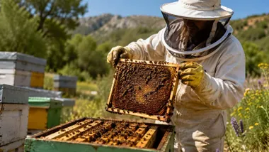 Hombre trabajando con un panal de abeja, saca una malla con miel.