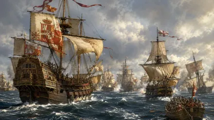 Galeones de guerra española en rumba a Inglaterra, es la Armada Invencible.