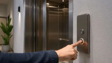 Persona llamando a un ascensor en un edificio de viviendas.