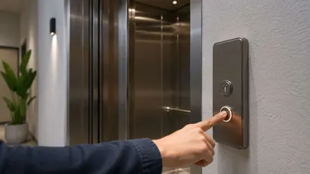 Persona llamando a un ascensor en un edificio de viviendas.