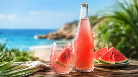 Botella con un líquido rosado y tajada de sandía a su lado.