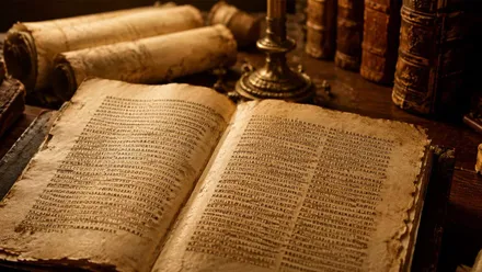 Pergamino antiguo junto un libro abierto con caracteres hebreos.