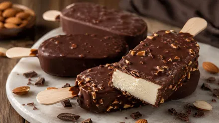 Diferentes helados de bombón con su capa de chocolate sobre nata.