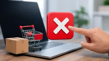 Carro de la compra virtual y un botón rojo con una cruz blanca de desestimiento.