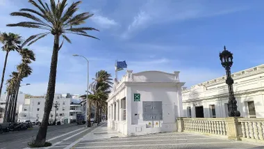 Vista de la entrada del Centro de Arqueología Subacuática de Cádiz (antiguo Balneario de la Palma), con varias banderas completamente desplegadas por el viento, palmeras moviéndose intensamente y personas caminando por el entorno. Cielo luminoso, sensación evidente de temporal de Levante y movimiento en la escena.