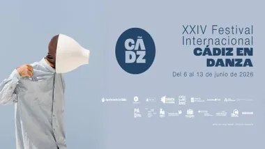 Cartel de Cádiz en Danza en tonos azulados pastel y un hombre con una taza en la cara.