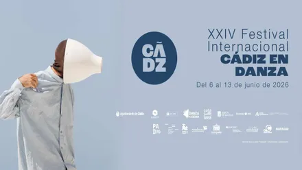 Cartel de Cádiz en Danza en tonos azulados pastel y un hombre con una taza en la cara.