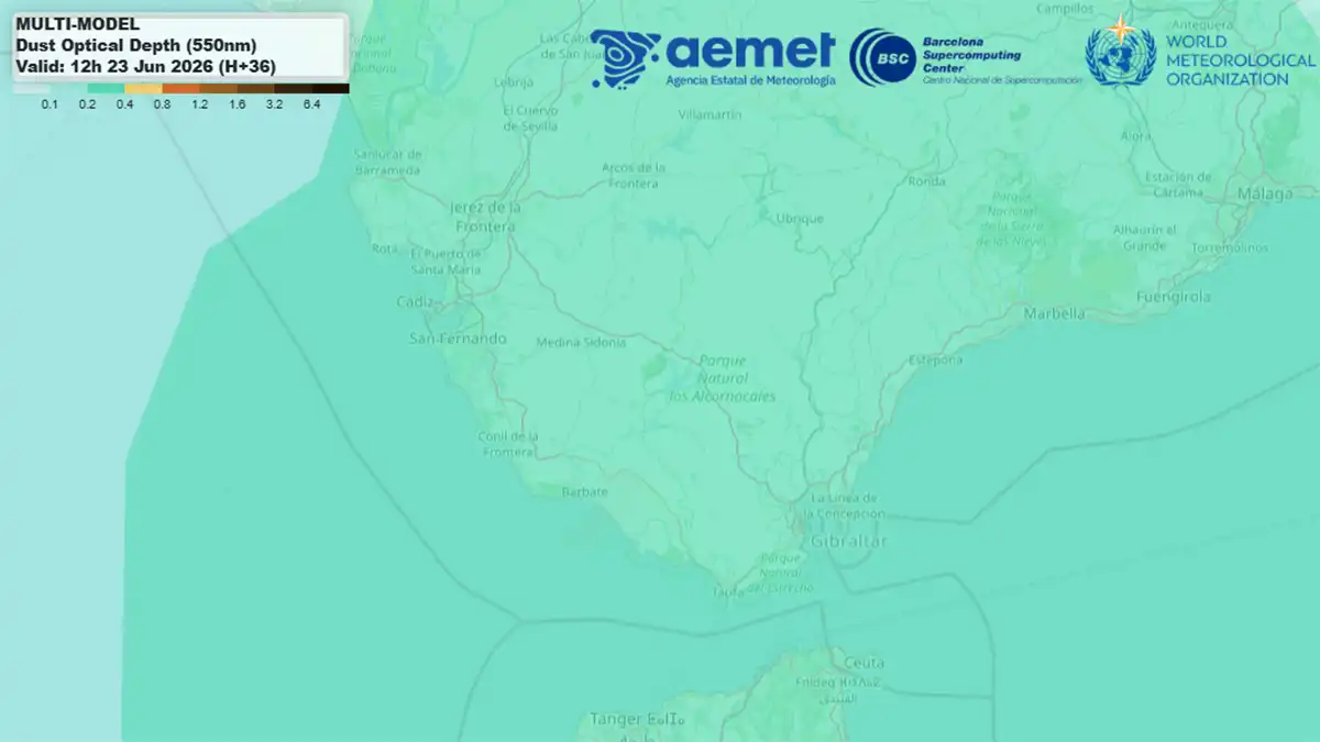 Mapa de calima previsto para las 12:00 horas de este 23 de junio.