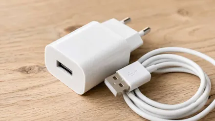 Cable blanco y cargador de móvil.