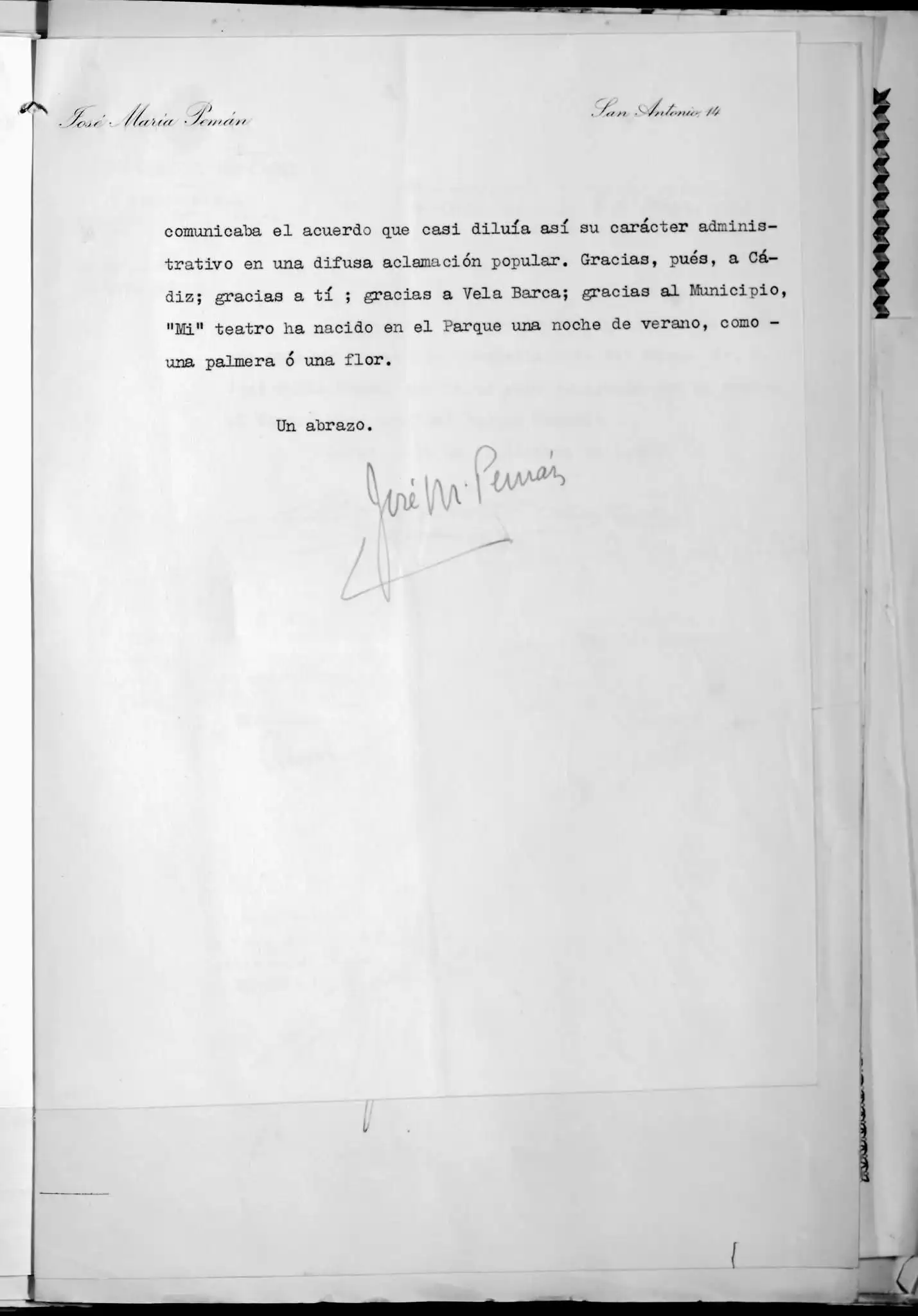 Última página de la carta, donde Pemán agradece el homenaje y firma el documento enviado al Ayuntamiento de Cádiz. Foto: Archivo Histórico Provincial de Cádiz.