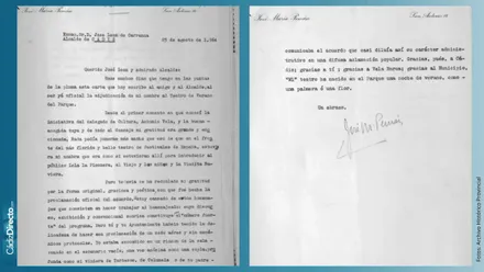 Dos páginas mecanografiadas de una carta firmada por José María Pemán y dirigida al alcalde de Cádiz, José León de Carranza. El documento, fechado en agosto de 1964, contiene el agradecimiento del escritor tras la decisión municipal de dar su nombre al teatro del Parque Genovés.
