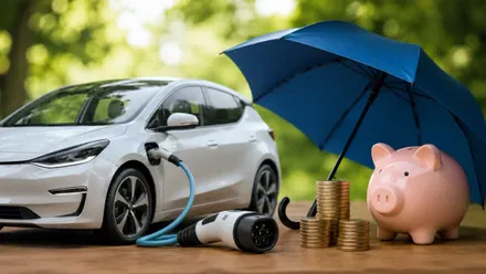 Coche eléctrico enchufado y dinero a un lado.