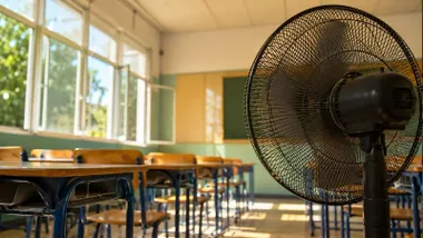 Ventilador y ventanas abiertas para combatir el calor en un colegio.