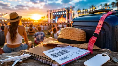 Chica en un concierto, con maleta, entradas y llaves.