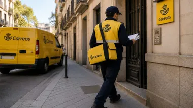 Calle con una furgoneta amarilla y un cartero de Correos con uniforme azul y amarillo.