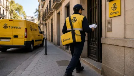 Calle con una furgoneta amarilla y un cartero de Correos con uniforme azul y amarillo.