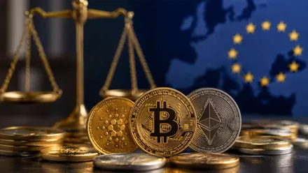 Distintas criptomonedas y el mapa de la UE en azul y amarillo detrás.