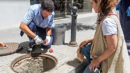 Operarios especializados realizando labores de desratización en una arqueta de una calle de La Laguna