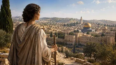 Egeria como peregrina llegando a Jerusalén.