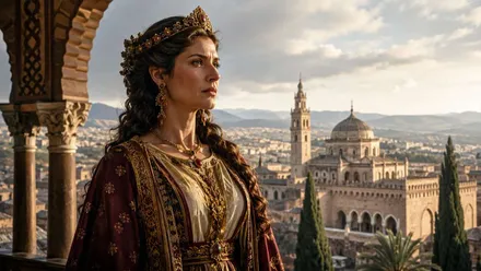Bella mujer, la reina Egilona, mirando a la ciudad.