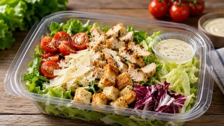 Vista de un recipiente con una ensalada de lechuga y pollo.