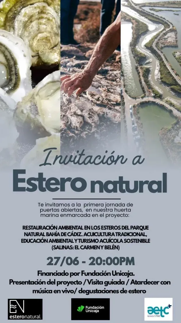 Invitación, en tonos grises, de Estero Natural. Imágenes de la salinas y de moluscos.