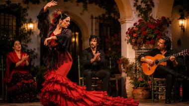 Mujer con traje de flamenca rojo en un tablao junto a guitarrista y palmero.