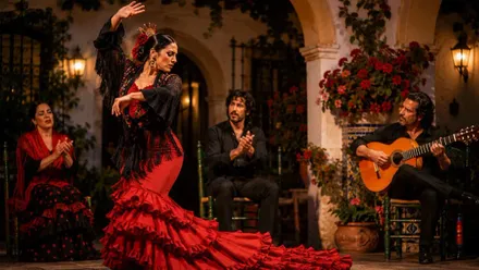 Mujer con traje de flamenca rojo en un tablao junto a guitarrista y palmero.