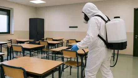Persona con traje blanco aislante fumigando dentro de un aula.