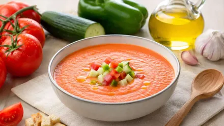 Tazón de gazpacho con guarnición de tomate y pepino encima.