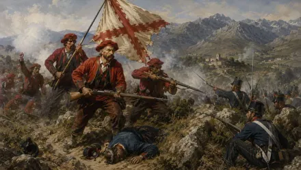 Soldados combatiendo en las Guerras Carlistas, destaca la bandera blanca con la cruz de San Andrés en roja.