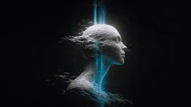 Fondo negro con una cabeza en 3D atravesada por un rayo azul.