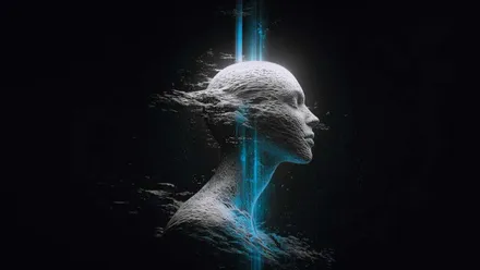 Fondo negro con una cabeza en 3D atravesada por un rayo azul.