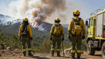 Bomberos del INFOCA mirando a un monte que se quema.
