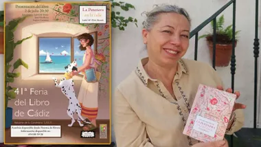 Cartel de la Feria del Libro de Cádiz y una mujer posando con el libro.