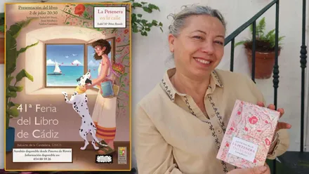Cartel de la Feria del Libro de Cádiz y una mujer posando con el libro.