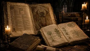Conjunto de libros secretos o prohibidos con extraños dibujos.