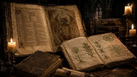 Conjunto de libros secretos o prohibidos con extraños dibujos.