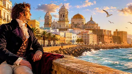 Lord Byron en Cádiz sentado mirando a la Catedral.