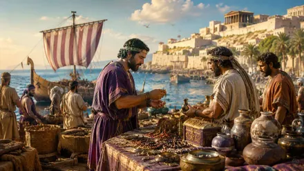 Mercaderes fenicios en un puerto con barcos.