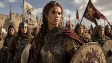 Mujer, en primer plano, portando un escudo, tras ella muchas mujeres guerreras.