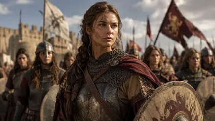 Mujer, en primer plano, portando un escudo, tras ella muchas mujeres guerreras.