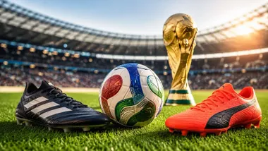 botas de fútbol, un balón y la dorada copa del Mundo.